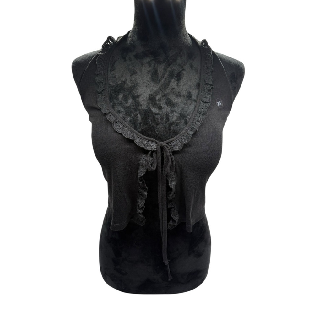 NWT PacSun Black Ruffle Trim Halter Top Tie Front Crop XS